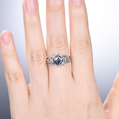 Nature Inspired Asscher alexandrite ring set color changing twig alexandrite engagement ring cluster leaves branch wedding ring set women - PENFINE