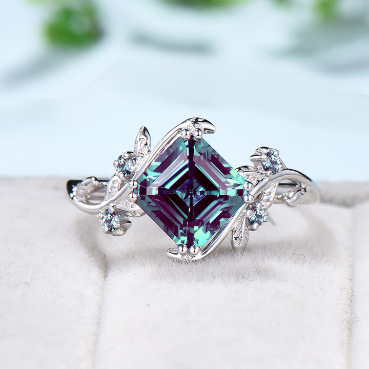 Nature Inspired Asscher alexandrite ring set color changing twig alexandrite engagement ring cluster leaves branch wedding ring set women - PENFINE