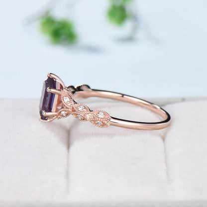 Elongated Color Change Alexandrite Ring Antique Solid White Gold Hexagon Alexandrite Engagement Ring Unique Leaf Wedding Ring Women - PENFINE