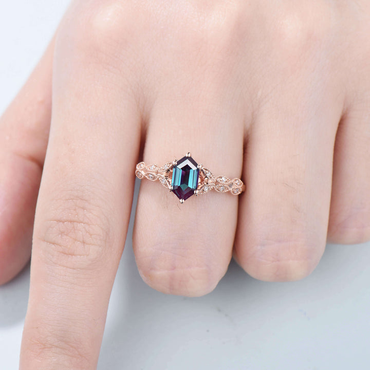 Elongated Color Change Alexandrite Ring Antique Solid White Gold Hexagon Alexandrite Engagement Ring Unique Leaf Wedding Ring Women - PENFINE