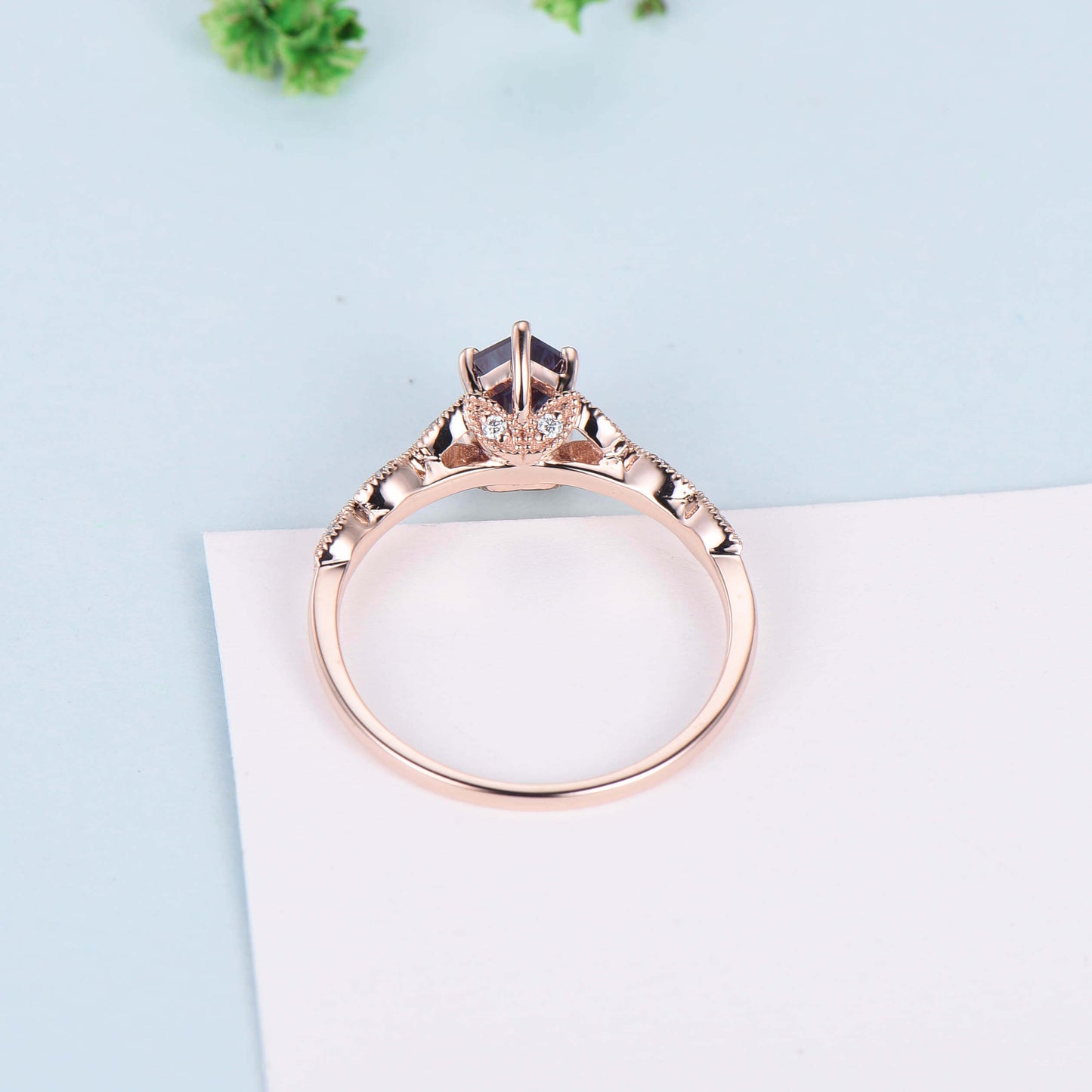 Elongated Color Change Alexandrite Ring Antique Solid White Gold Hexagon Alexandrite Engagement Ring Unique Leaf Wedding Ring Women - PENFINE