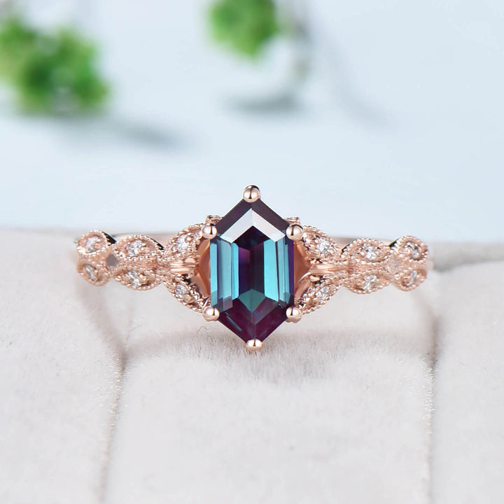 Elongated Color Change Alexandrite Ring Antique Solid White Gold Hexagon Alexandrite Engagement Ring Unique Leaf Wedding Ring Women - PENFINE