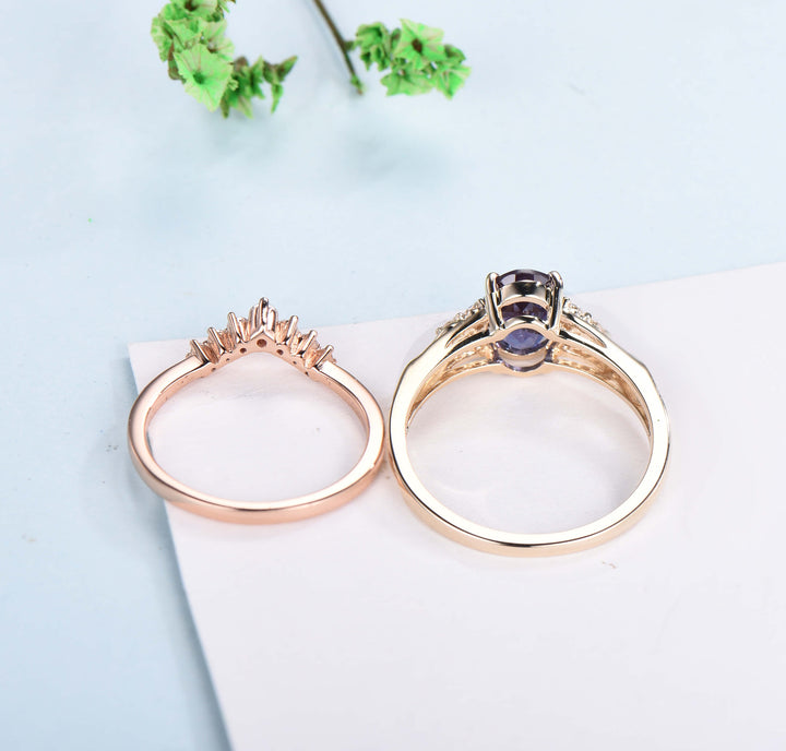 Celtic Love Alexandrite Engagement Ring Set 18K Yellow Gold Vintage Unique Color Change Cluster Diamond Art Deco Wedding Ring Set For Women - PENFINE