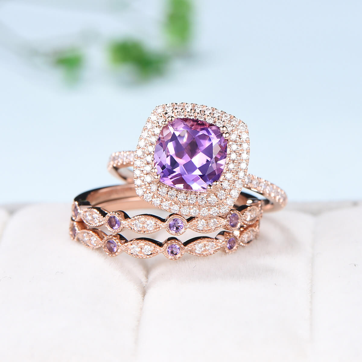 Cushion Amethyst diamond wedding ring set rose gold vintage antique engagement ring set double halo bridal set for women anniversary gift - PENFINE