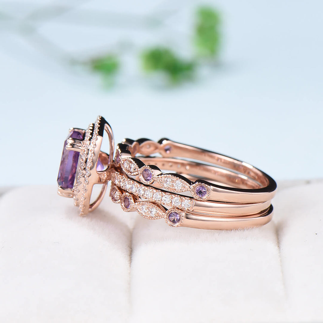 Cushion Amethyst diamond wedding ring set rose gold vintage antique engagement ring set double halo bridal set for women anniversary gift - PENFINE