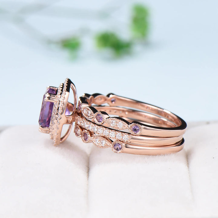 Cushion Amethyst diamond wedding ring set rose gold vintage antique engagement ring set double halo bridal set for women anniversary gift - PENFINE