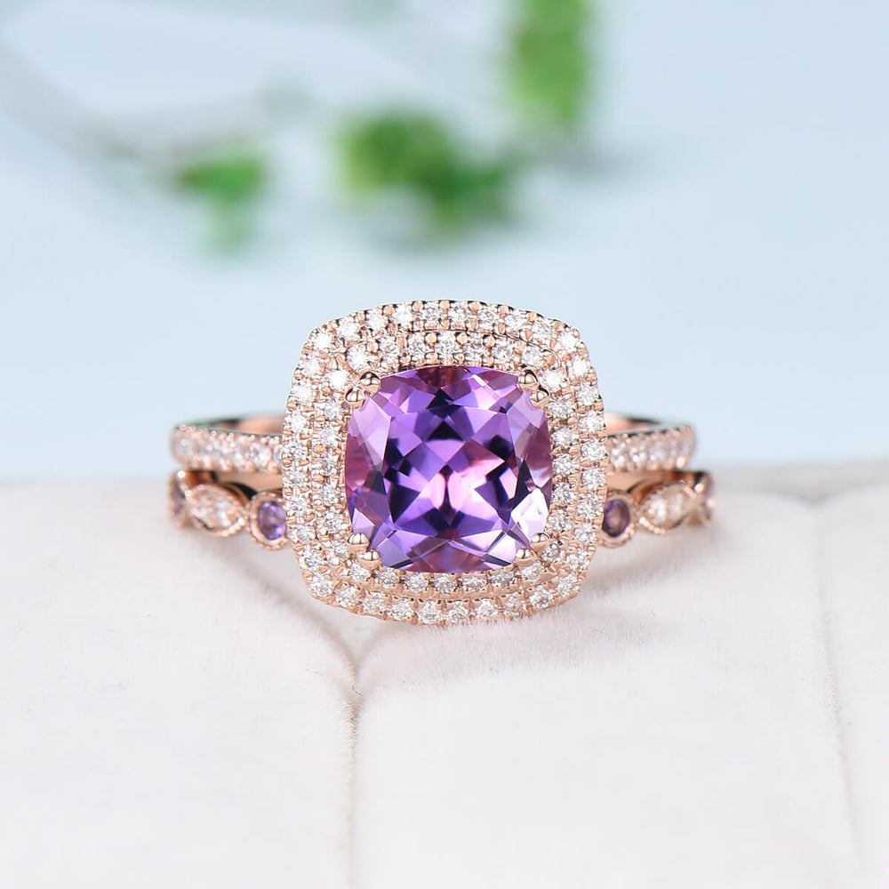 Cushion Amethyst diamond wedding ring set rose gold vintage antique engagement ring set double halo bridal set for women anniversary gift - PENFINE