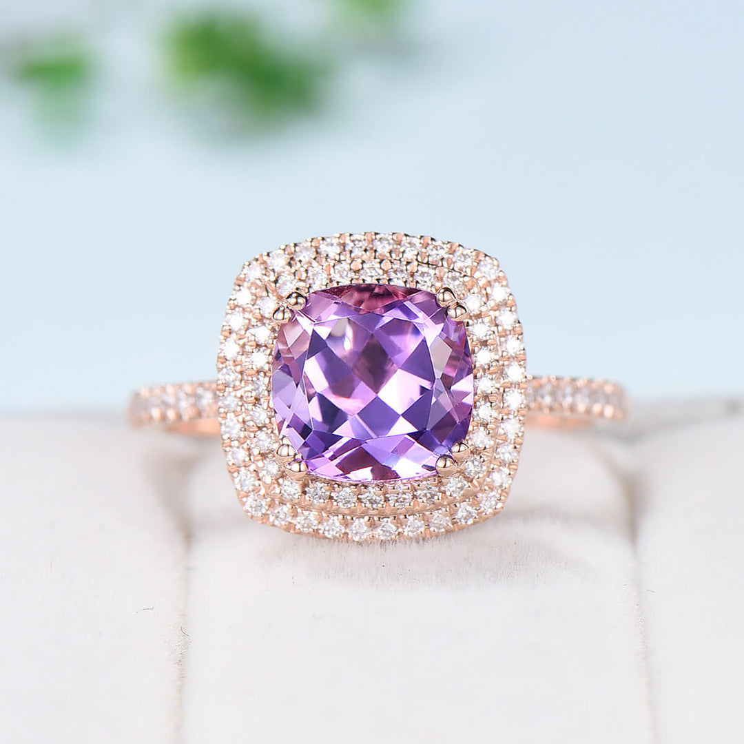 Cushion Amethyst diamond wedding ring set rose gold vintage antique engagement ring set double halo bridal set for women anniversary gift - PENFINE