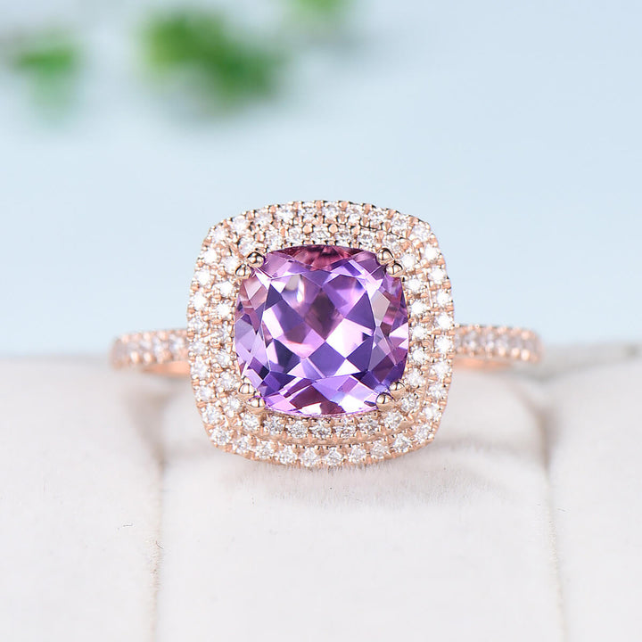 Cushion Amethyst diamond wedding ring set rose gold vintage antique engagement ring set double halo bridal set for women anniversary gift - PENFINE