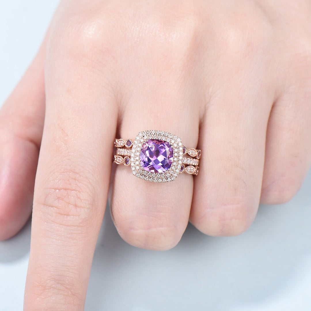 Cushion Amethyst diamond wedding ring set rose gold vintage antique engagement ring set double halo bridal set for women anniversary gift - PENFINE