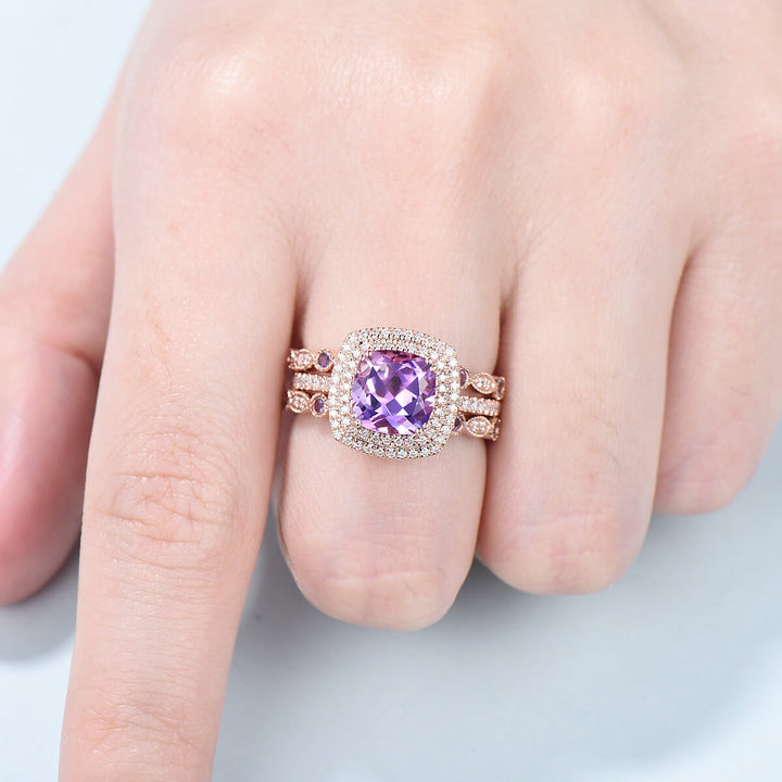Cushion Amethyst diamond wedding ring set rose gold vintage antique engagement ring set double halo bridal set for women anniversary gift - PENFINE