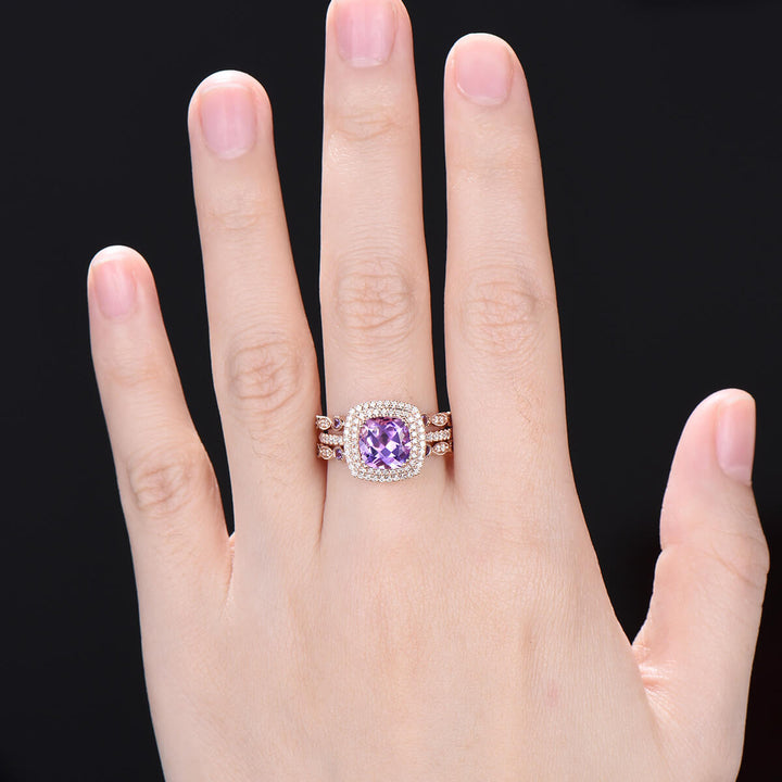 Cushion Amethyst diamond wedding ring set rose gold vintage antique engagement ring set double halo bridal set for women anniversary gift - PENFINE