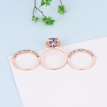 Cushion Amethyst diamond wedding ring set rose gold vintage antique engagement ring set double halo bridal set for women anniversary gift - PENFINE