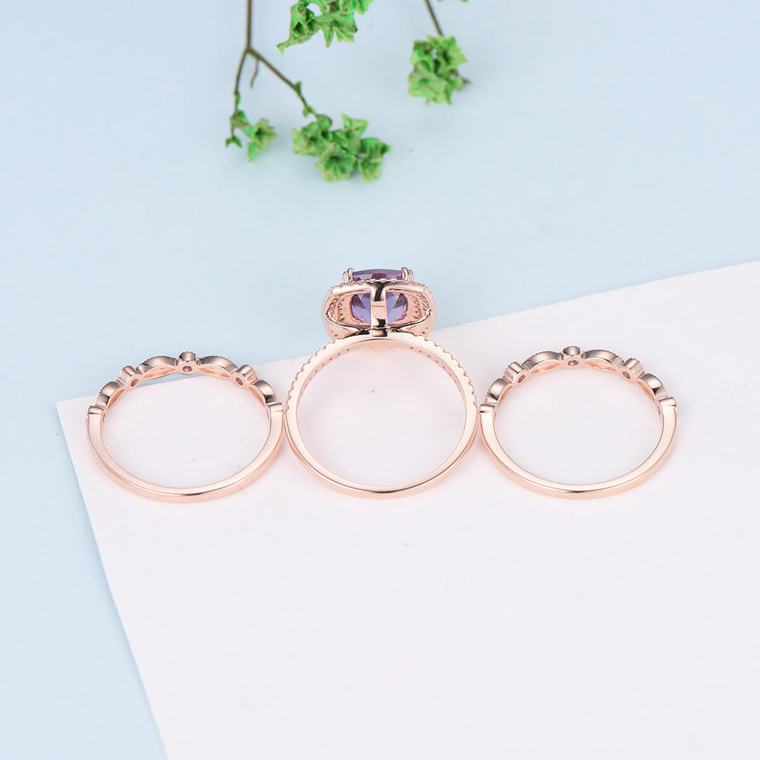 Cushion Amethyst diamond wedding ring set rose gold vintage antique engagement ring set double halo bridal set for women anniversary gift - PENFINE