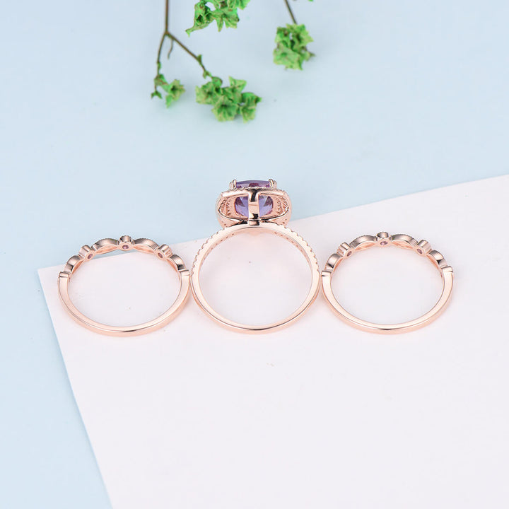 Cushion Amethyst diamond wedding ring set rose gold vintage antique engagement ring set double halo bridal set for women anniversary gift - PENFINE