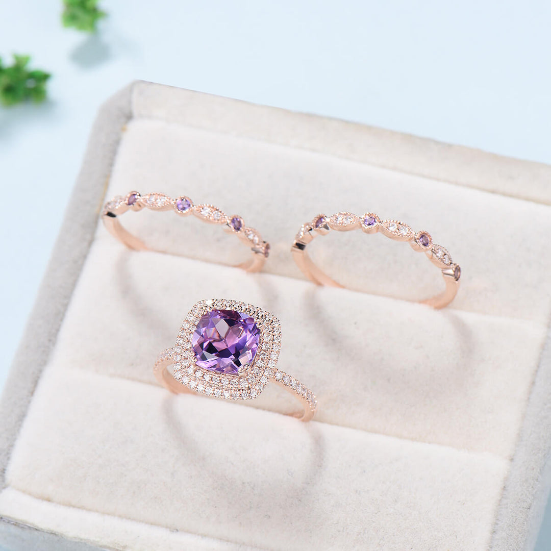 Cushion Amethyst diamond wedding ring set rose gold vintage antique engagement ring set double halo bridal set for women anniversary gift - PENFINE