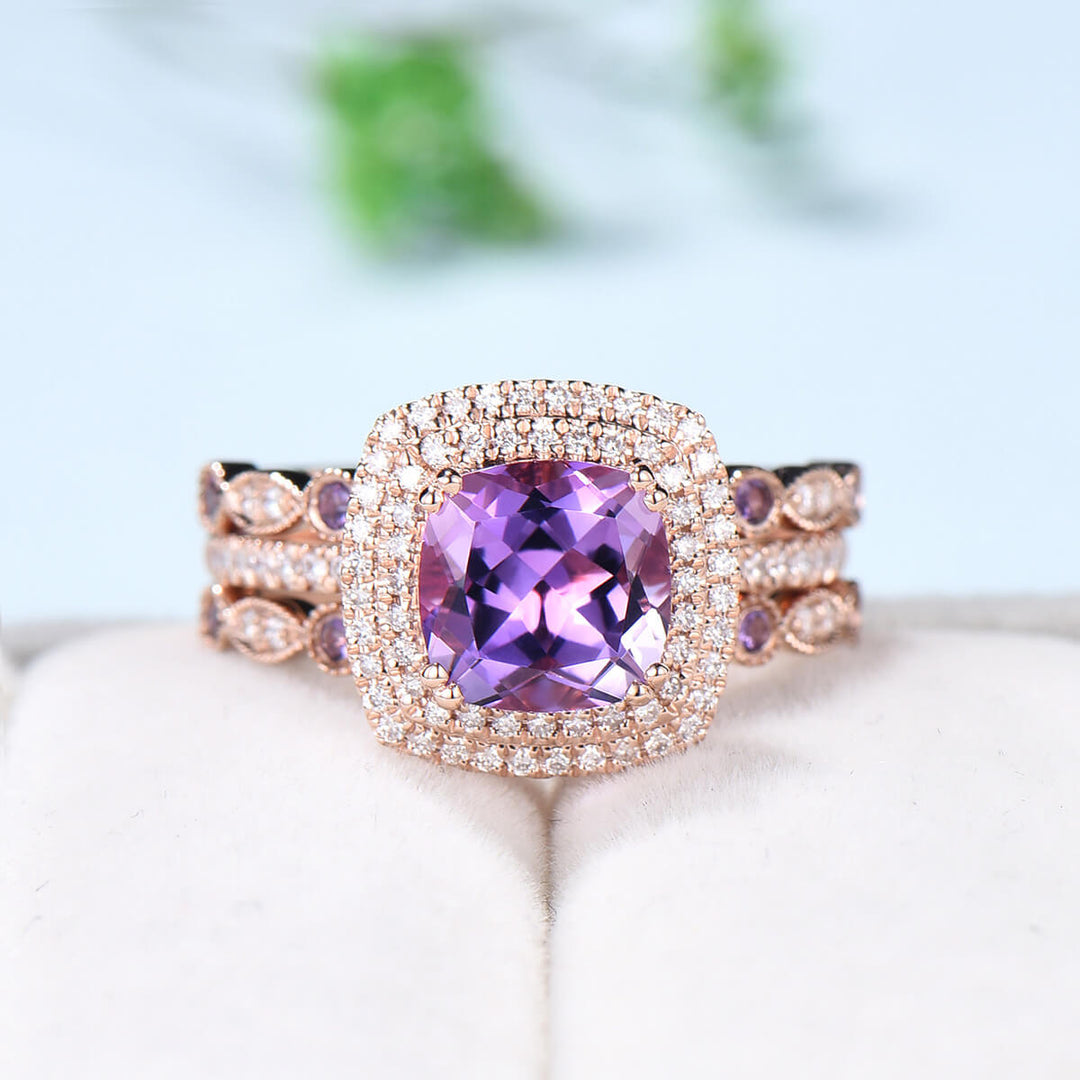 Cushion Amethyst diamond wedding ring set rose gold vintage antique engagement ring set double halo bridal set for women anniversary gift - PENFINE