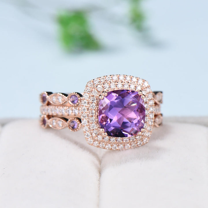 Cushion Amethyst diamond wedding ring set rose gold vintage antique engagement ring set double halo bridal set for women anniversary gift - PENFINE
