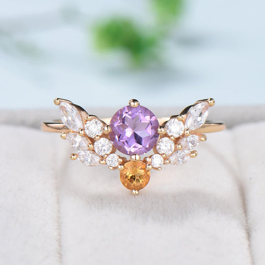 Vintage Amethyst Citrine Engagement Ring For Women Unique angel wing marquise moissanite wedding ring art deco dainty anniversary gift - PENFINE