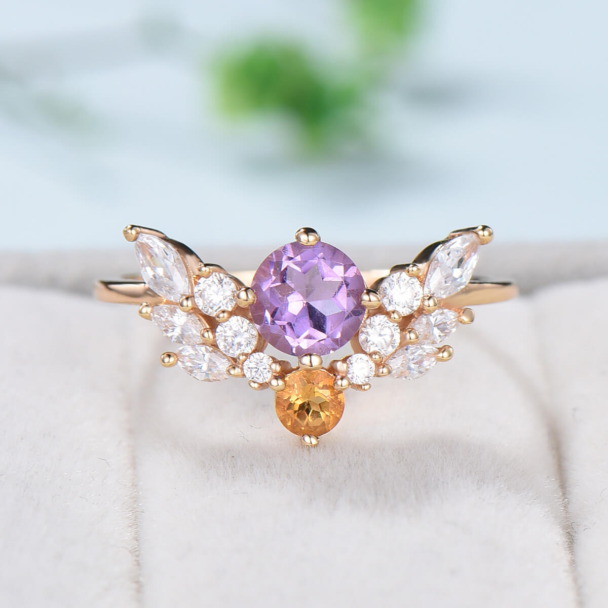 Vintage Amethyst Citrine Engagement Ring For Women Unique angel wing marquise moissanite wedding ring art deco dainty anniversary gift - PENFINE