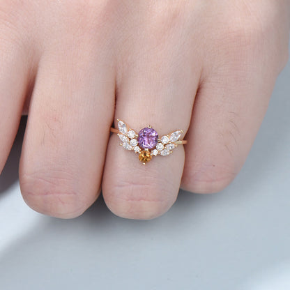 Vintage Amethyst Citrine Engagement Ring For Women Unique angel wing marquise moissanite wedding ring art deco dainty anniversary gift - PENFINE