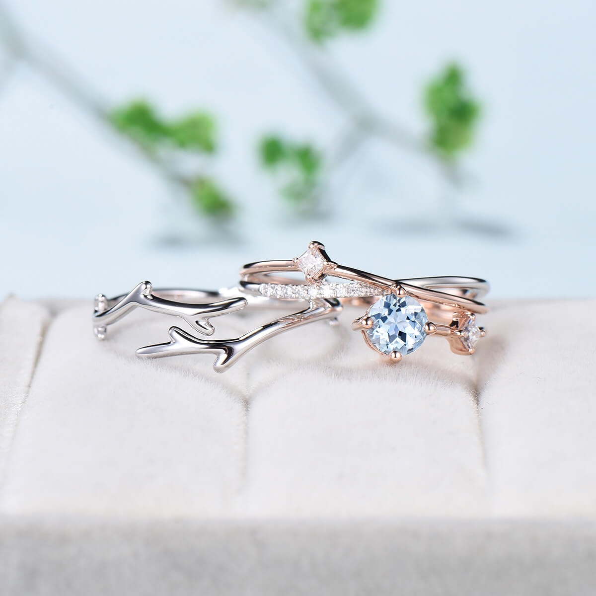 Twig aquamarine engagement ring set Vintage Leaf two-tone gold agate gold branch wedding set women Unique natural inspired anniversary ring - PENFINE