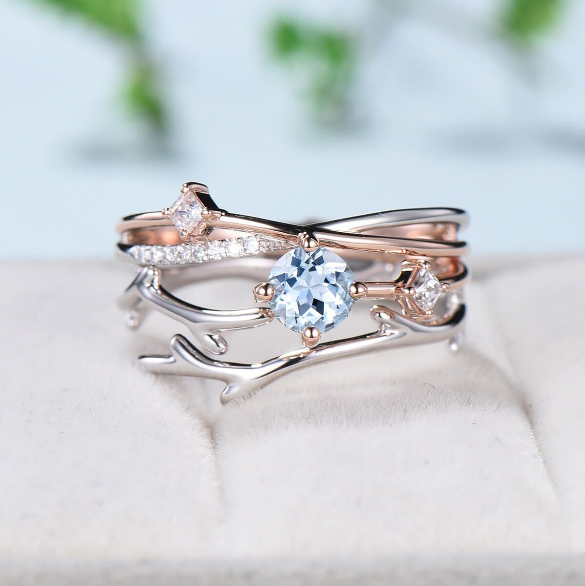 Wedding 2024 Engagement Casual Wear Womans aquamarine Silver Twig Bud Organic art jewelry Ring