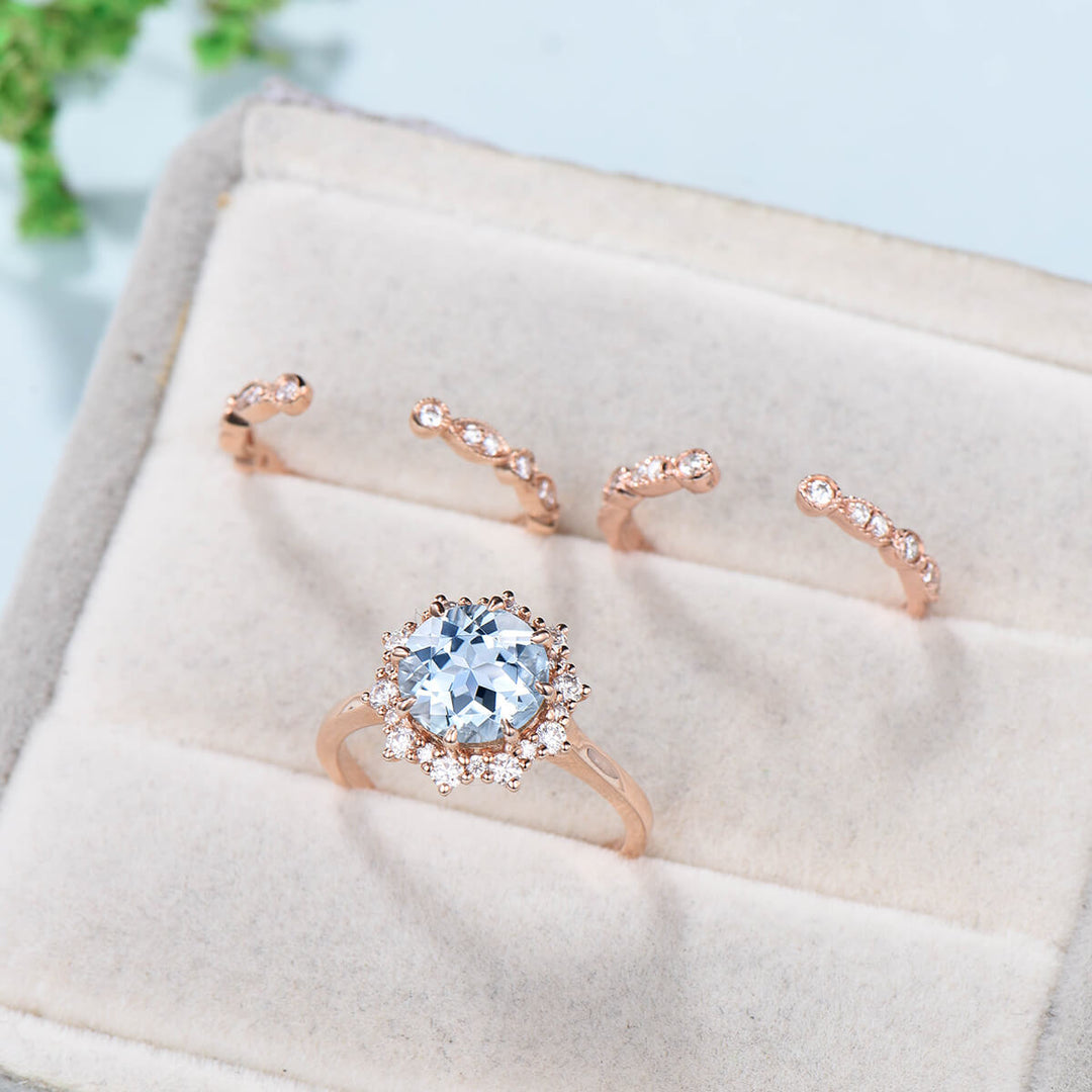 Vintage Aquamarine Engagement Ring Set Rose Gold Art Deco  Marquise Moissanite Wedding Ring Set Women Open Gap Diamond Stacking Bridal Set - PENFINE