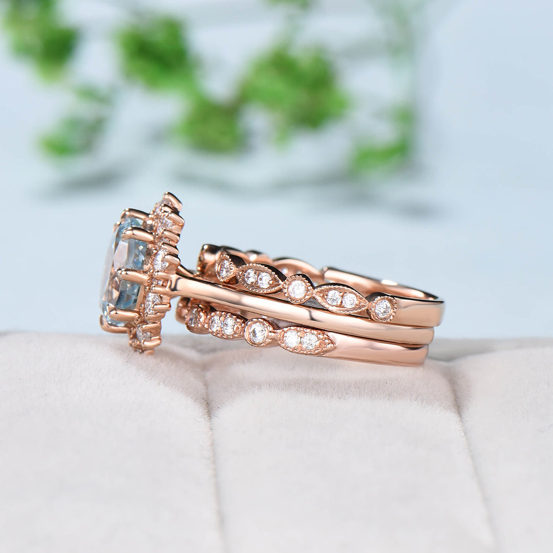 Vintage Aquamarine Engagement Ring Set Rose Gold Art Deco  Marquise Moissanite Wedding Ring Set Women Open Gap Diamond Stacking Bridal Set - PENFINE