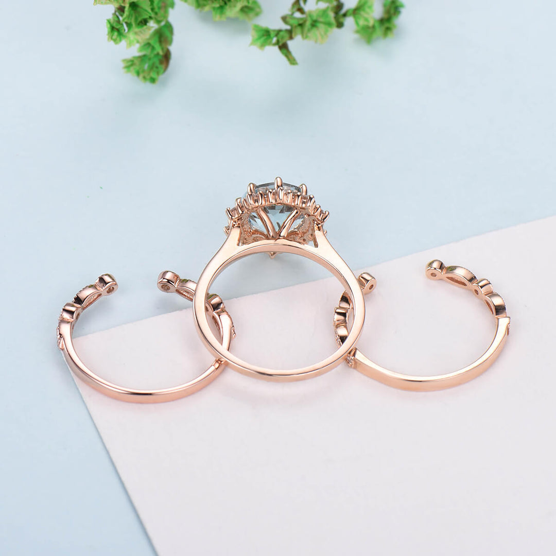 Vintage Aquamarine Engagement Ring Set Rose Gold Art Deco  Marquise Moissanite Wedding Ring Set Women Open Gap Diamond Stacking Bridal Set - PENFINE