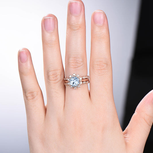 Vintage Aquamarine Engagement Ring Set Rose Gold Art Deco Marquise Moissanite Wedding Ring Set Women Open Gap Diamond Stacking Bridal Set - PENFINE