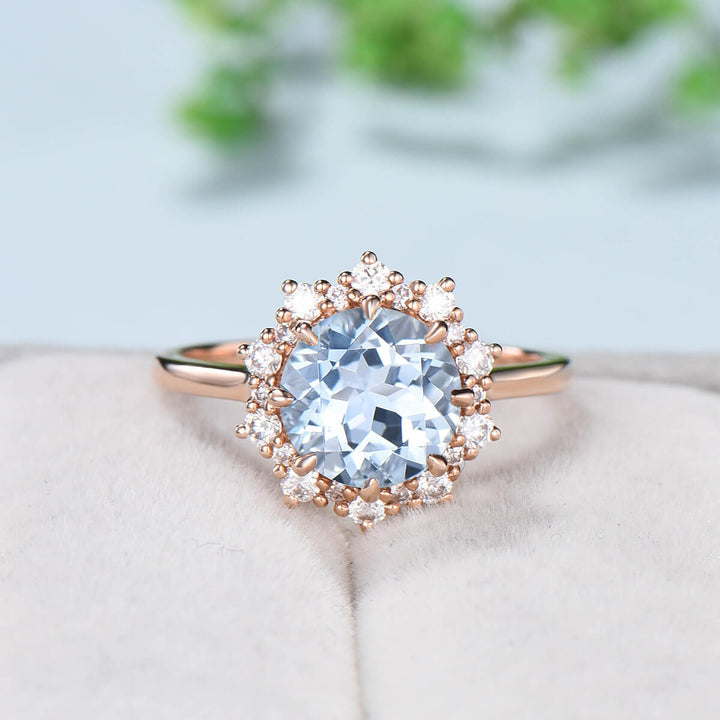 Vintage Aquamarine Engagement Ring Set Rose Gold Art Deco  Marquise Moissanite Wedding Ring Set Women Open Gap Diamond Stacking Bridal Set - PENFINE