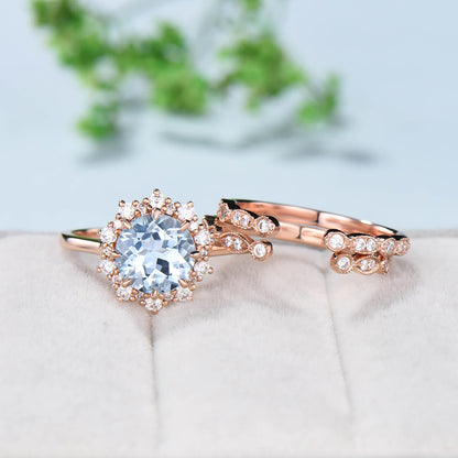 Vintage Aquamarine Engagement Ring Set Rose Gold Art Deco  Marquise Moissanite Wedding Ring Set Women Open Gap Diamond Stacking Bridal Set - PENFINE