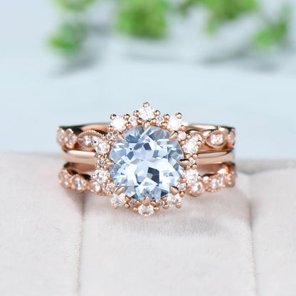 Vintage Aquamarine Engagement Ring Set Rose Gold Art Deco  Marquise Moissanite Wedding Ring Set Women Open Gap Diamond Stacking Bridal Set - PENFINE