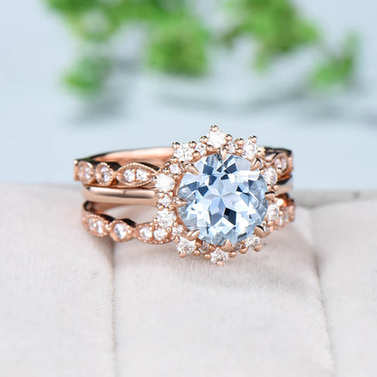 Vintage Aquamarine Engagement Ring Set Rose Gold Art Deco  Marquise Moissanite Wedding Ring Set Women Open Gap Diamond Stacking Bridal Set - PENFINE