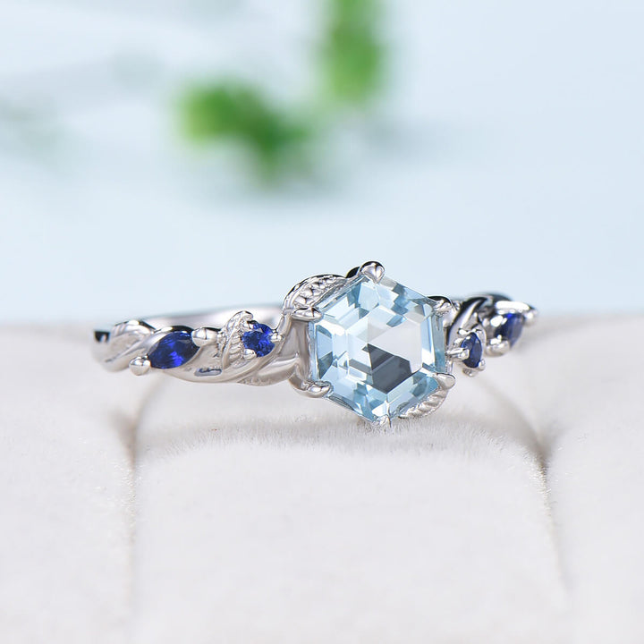 Nature Inspired Aquamarine Engagement Ring Twig Twisted Branch cluster Sapphire Promise Ring Unique March birthstone wedding ring for women - PENFINE