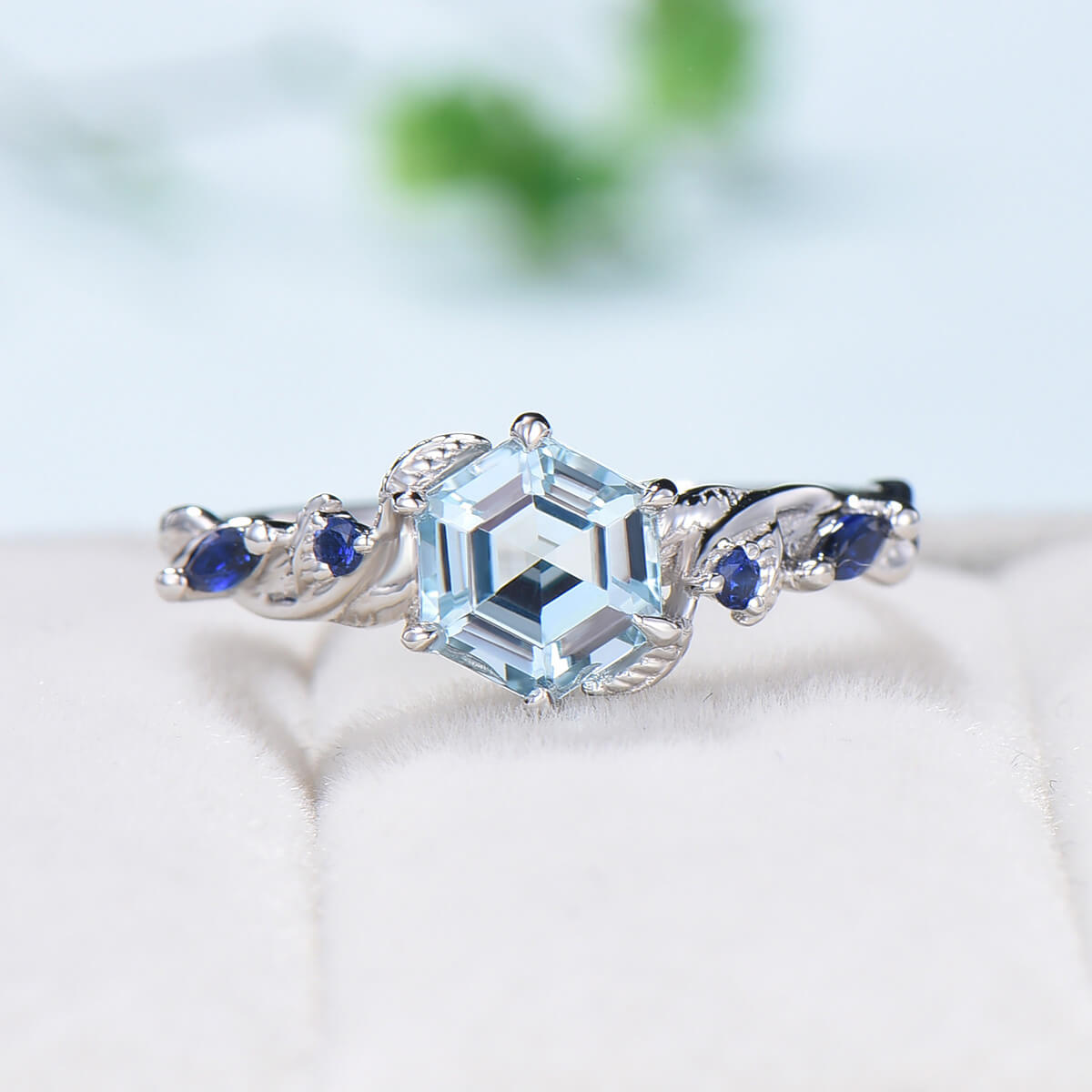 Nature Inspired Aquamarine Engagement Ring Twig Twisted Branch cluster Sapphire Promise Ring Unique March birthstone wedding ring for women - PENFINE