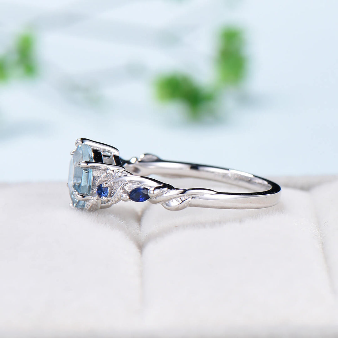 Nature Inspired Aquamarine Engagement Ring Twig Twisted Branch cluster Sapphire Promise Ring Unique March birthstone wedding ring for women - PENFINE