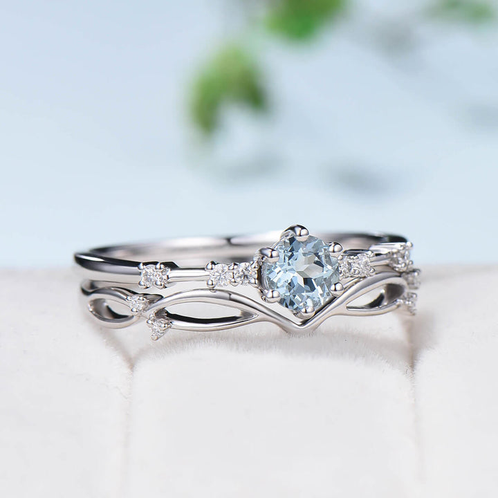 Dainty Aquamarine Bridal Set Unique White Gold Aquamarine Engagement Ring Set Art Deco Anniversary Ring Promise Ring for her Minimalist Ring - PENFINE