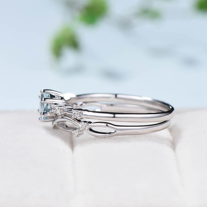 Dainty Aquamarine Bridal Set Unique White Gold Aquamarine Engagement Ring Set Art Deco Anniversary Ring Promise Ring for her Minimalist Ring - PENFINE