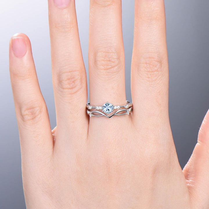 Dainty Aquamarine Bridal Set Unique White Gold Aquamarine Engagement Ring Set Art Deco Anniversary Ring Promise Ring for her Minimalist Ring - PENFINE