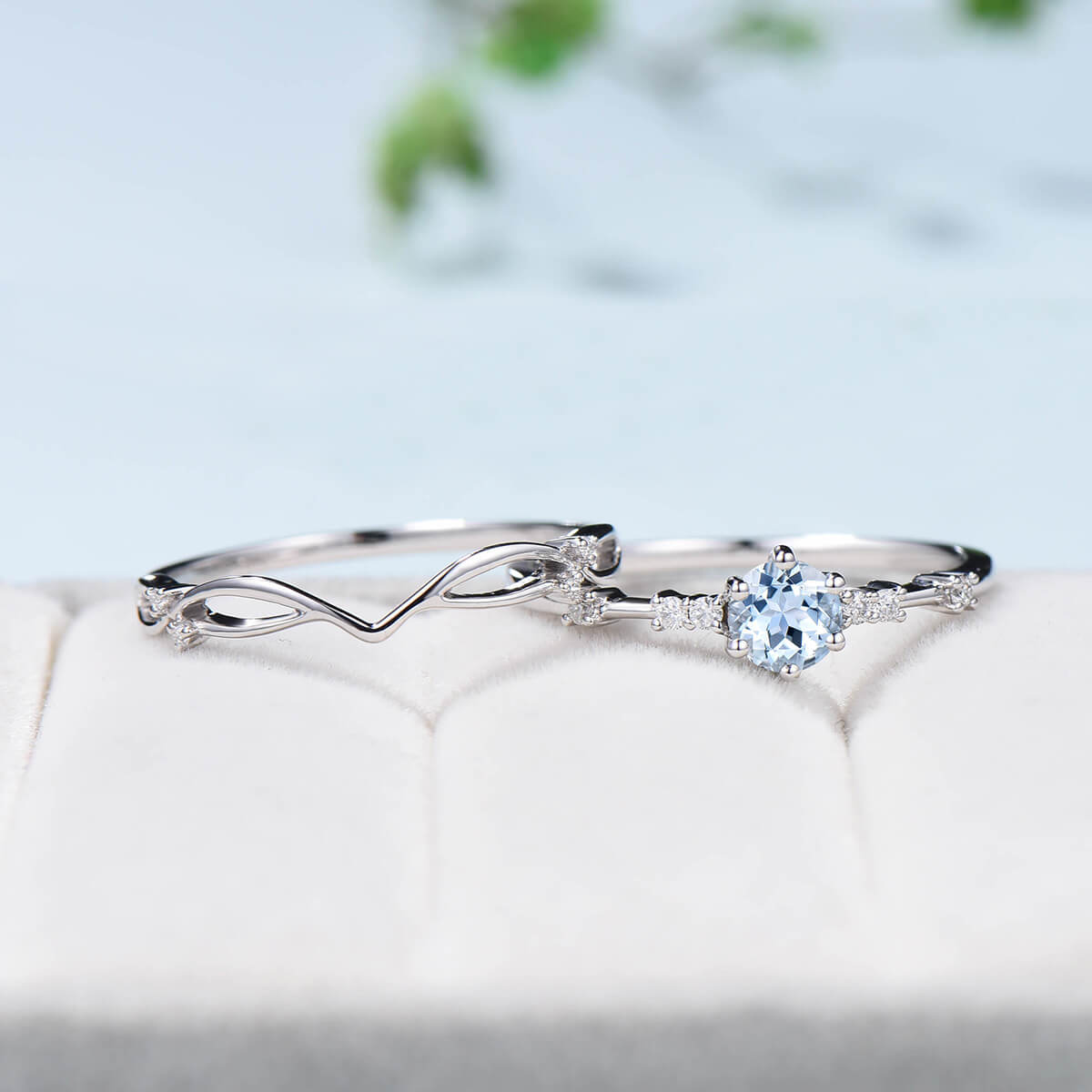 Dainty Aquamarine Bridal Set Unique White Gold Aquamarine Engagement Ring Set Art Deco Anniversary Ring Promise Ring for her Minimalist Ring - PENFINE