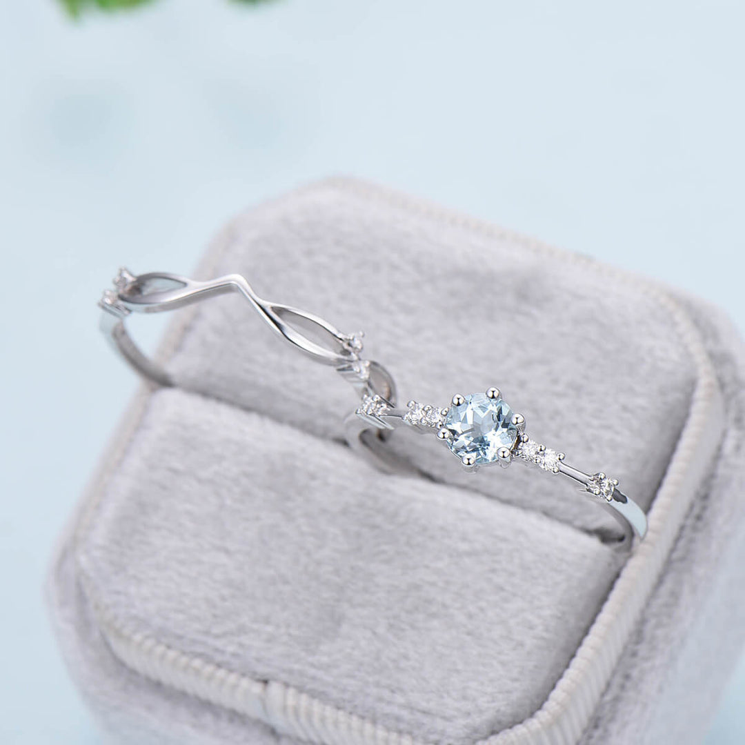 Dainty Aquamarine Bridal Set Unique White Gold Aquamarine Engagement Ring Set Art Deco Anniversary Ring Promise Ring for her Minimalist Ring - PENFINE