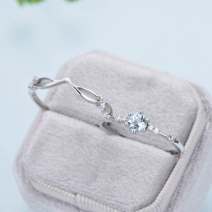 Dainty Aquamarine Bridal Set Unique White Gold Aquamarine Engagement Ring Set Art Deco Anniversary Ring Promise Ring for her Minimalist Ring - PENFINE