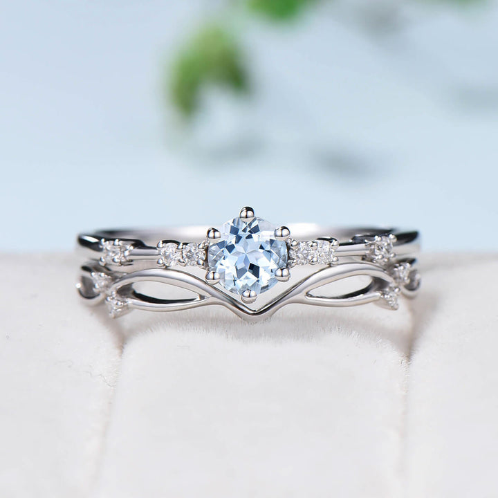 Dainty Aquamarine Bridal Set Unique White Gold Aquamarine Engagement Ring Set Art Deco Anniversary Ring Promise Ring for her Minimalist Ring - PENFINE