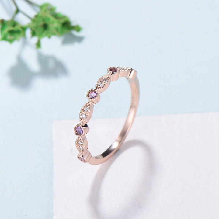 Vintage Amethyst Diamond Wedding Band Rose Gold Half Eternity Milgrain Stacking Band Anniversary Ring Matching Band Art Deco Marquise Ring - PENFINE