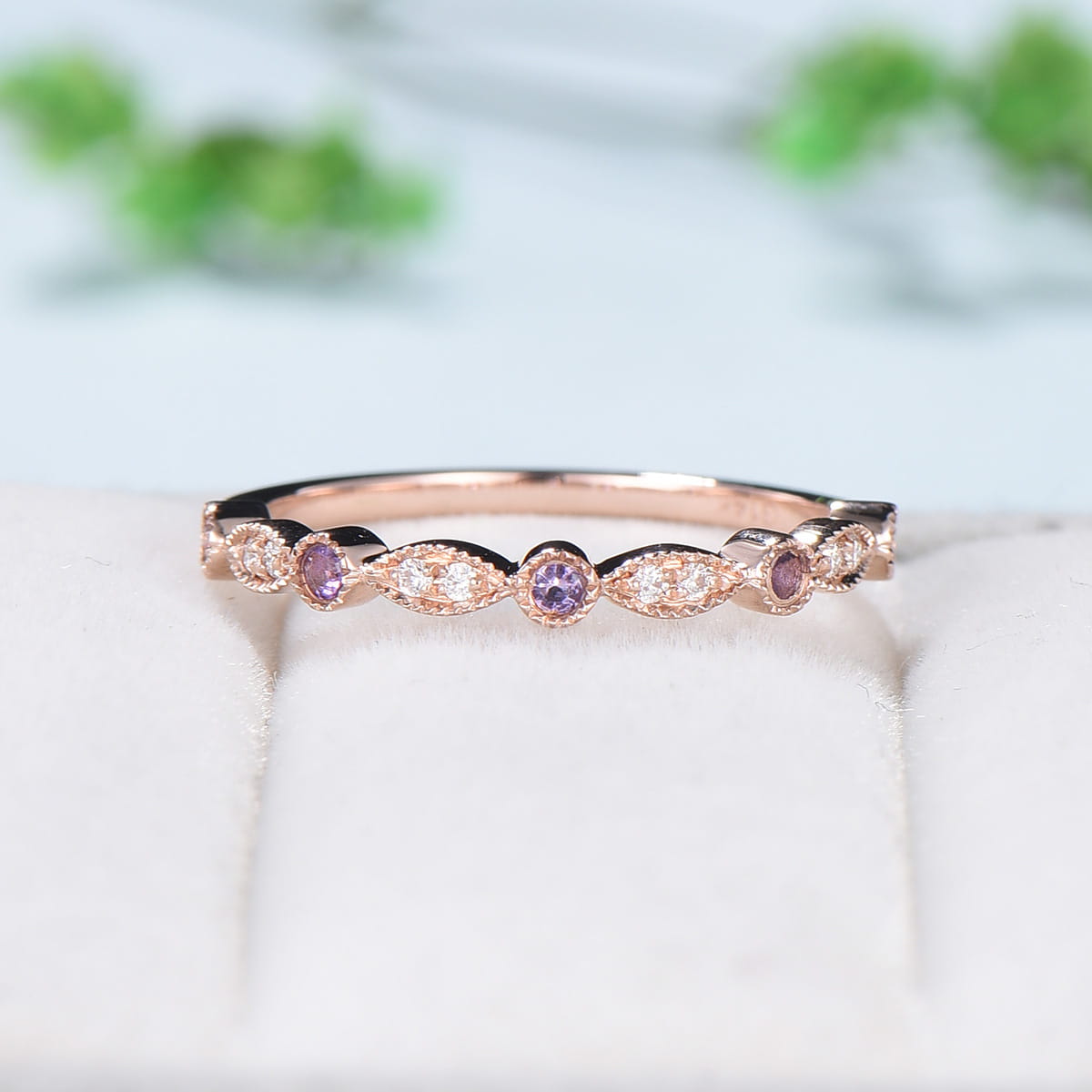 Vintage Amethyst Diamond Wedding Band Rose Gold Half Eternity Milgrain Stacking Band Anniversary Ring Matching Band Art Deco Marquise Ring - PENFINE
