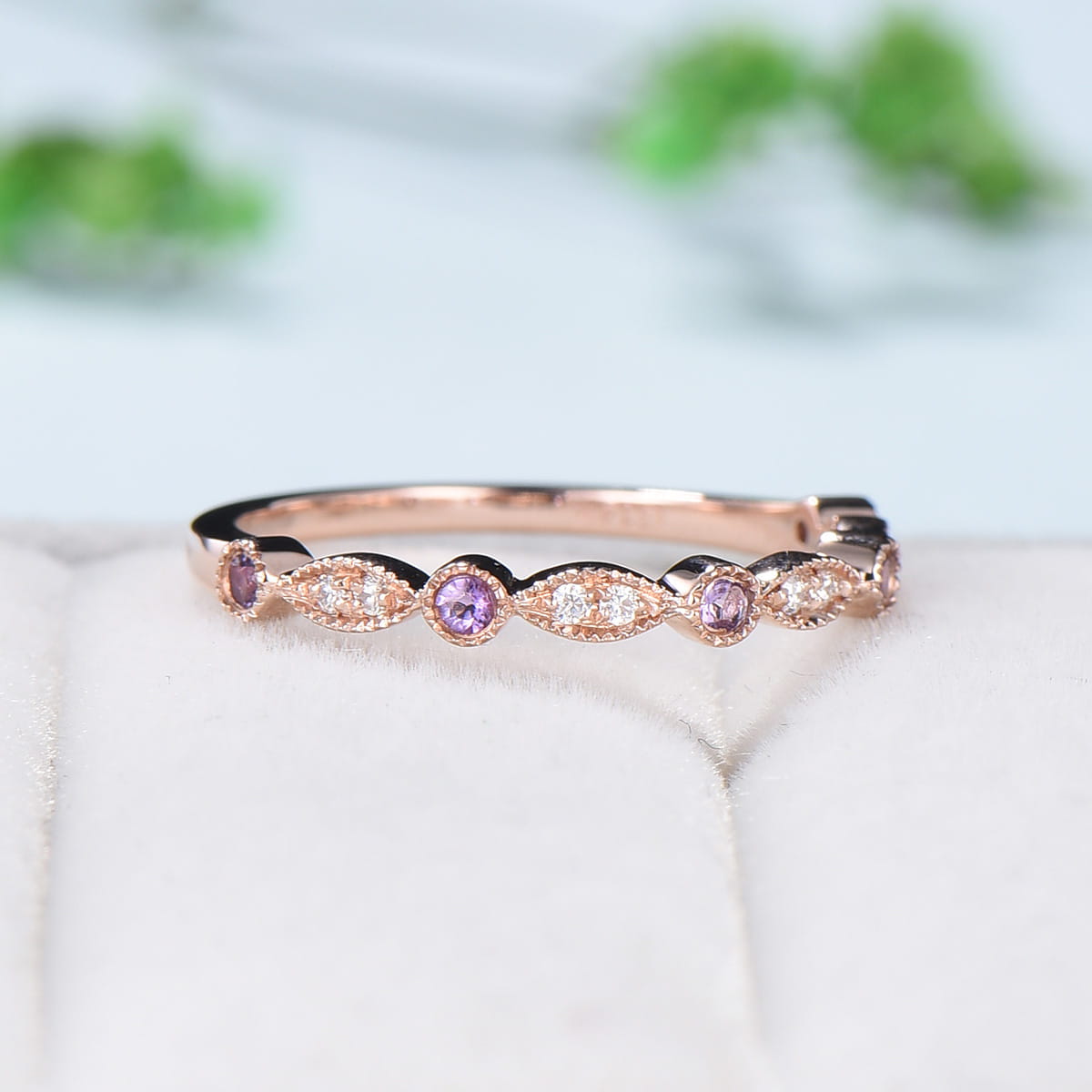 Natural Diamonds Moissanite Half Eternity Wedding Ring,Rose gold,Anniversary Ring,Art deco Marquise style,stacking,milgrain,Matching band 2024