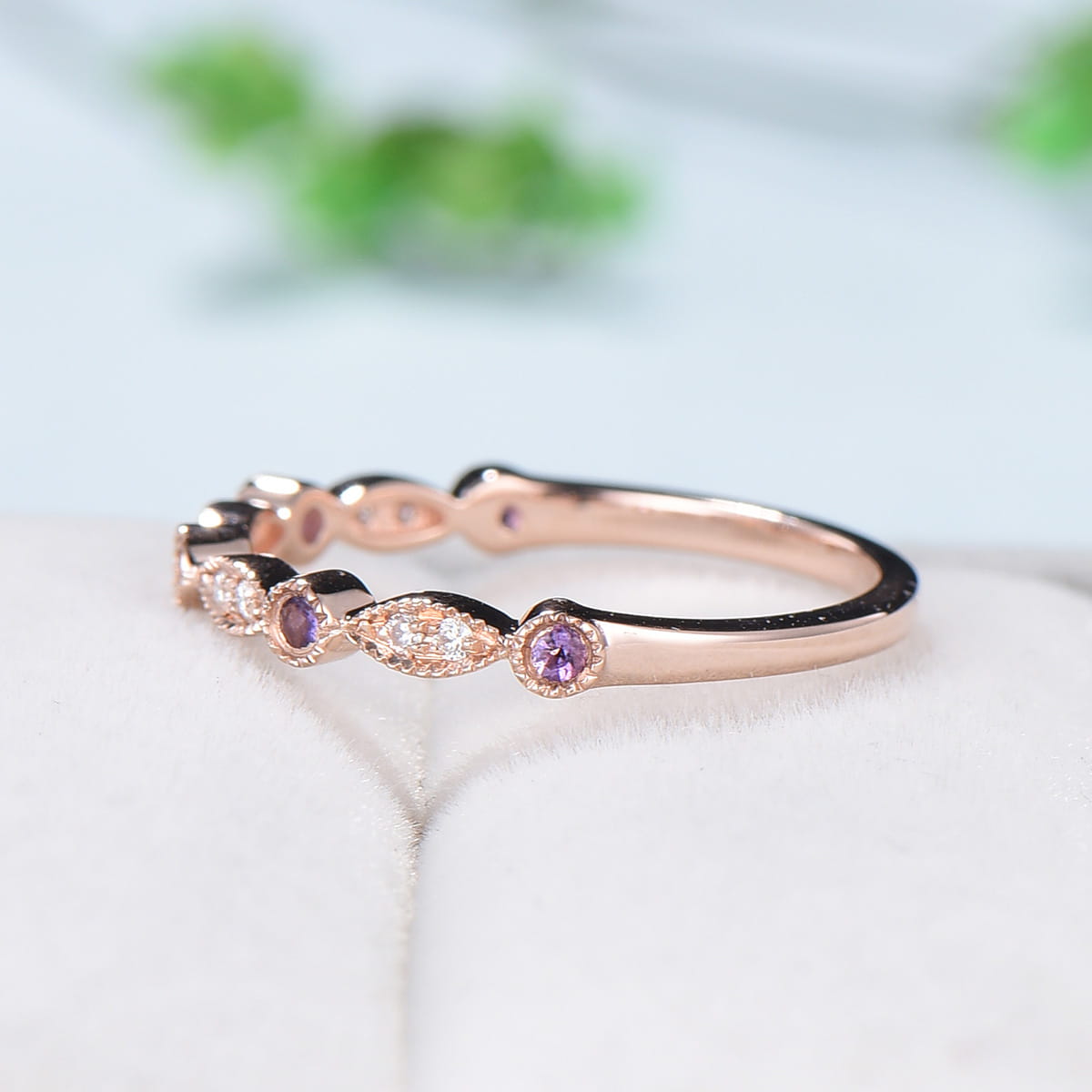 Vintage Amethyst Diamond Wedding Band Rose Gold Half Eternity Milgrain Stacking Band Anniversary Ring Matching Band Art Deco Marquise Ring - PENFINE