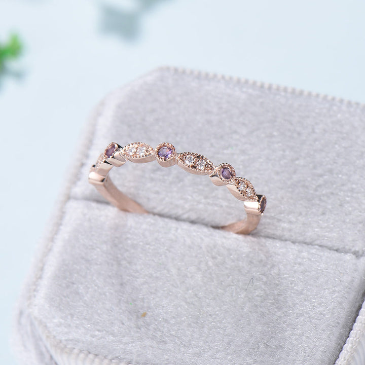 Vintage Amethyst Diamond Wedding Band Rose Gold Half Eternity Milgrain Stacking Band Anniversary Ring Matching Band Art Deco Marquise Ring - PENFINE